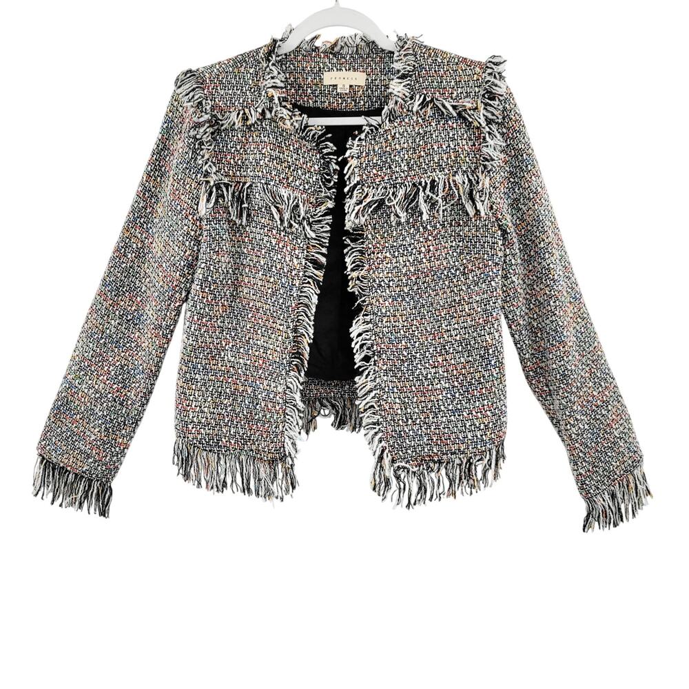 Promesa Tweed Multicolored Frayed Fringe Detail Chic Blazer Jacket Womens Size S